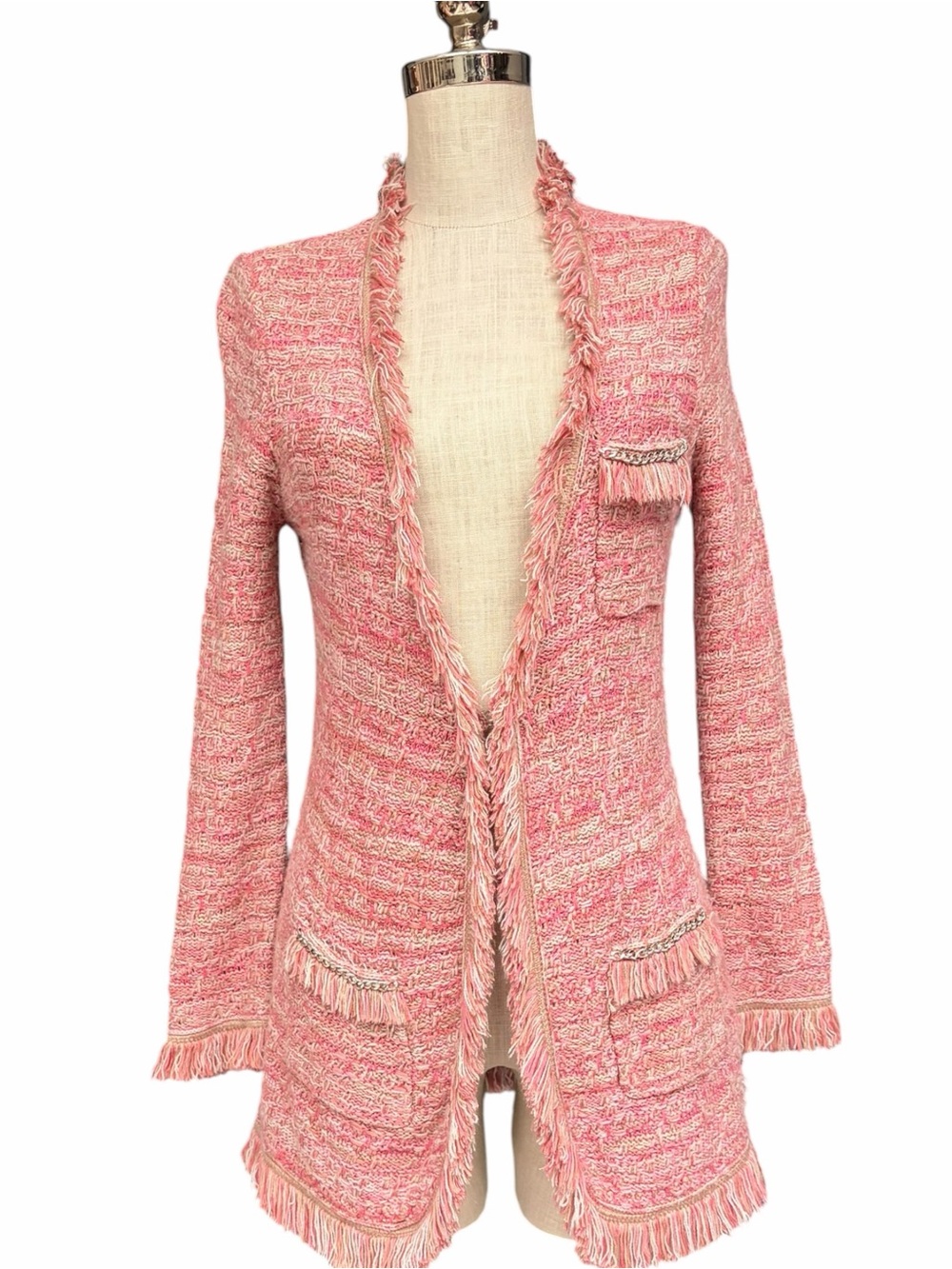 Cache Y2K Pink Tweed Long Sweater, Size Small Fringe Chain Mean Girls Preppy